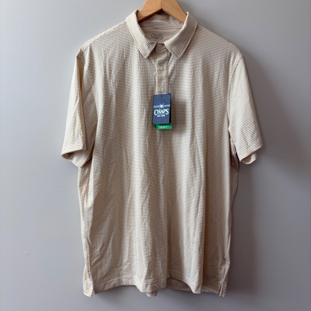 Chaps Golf Mens XL Pale Khaki Seersucker Stripe Polo Shirt NWT CHG15KT936